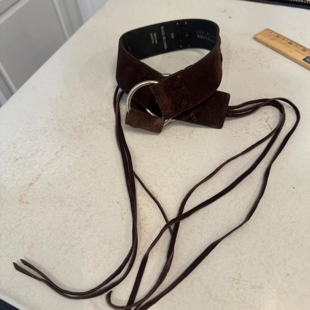 New York & Company Wrap Belt Women SM Brown Suede Leather Boho Whipstitch O-Ring